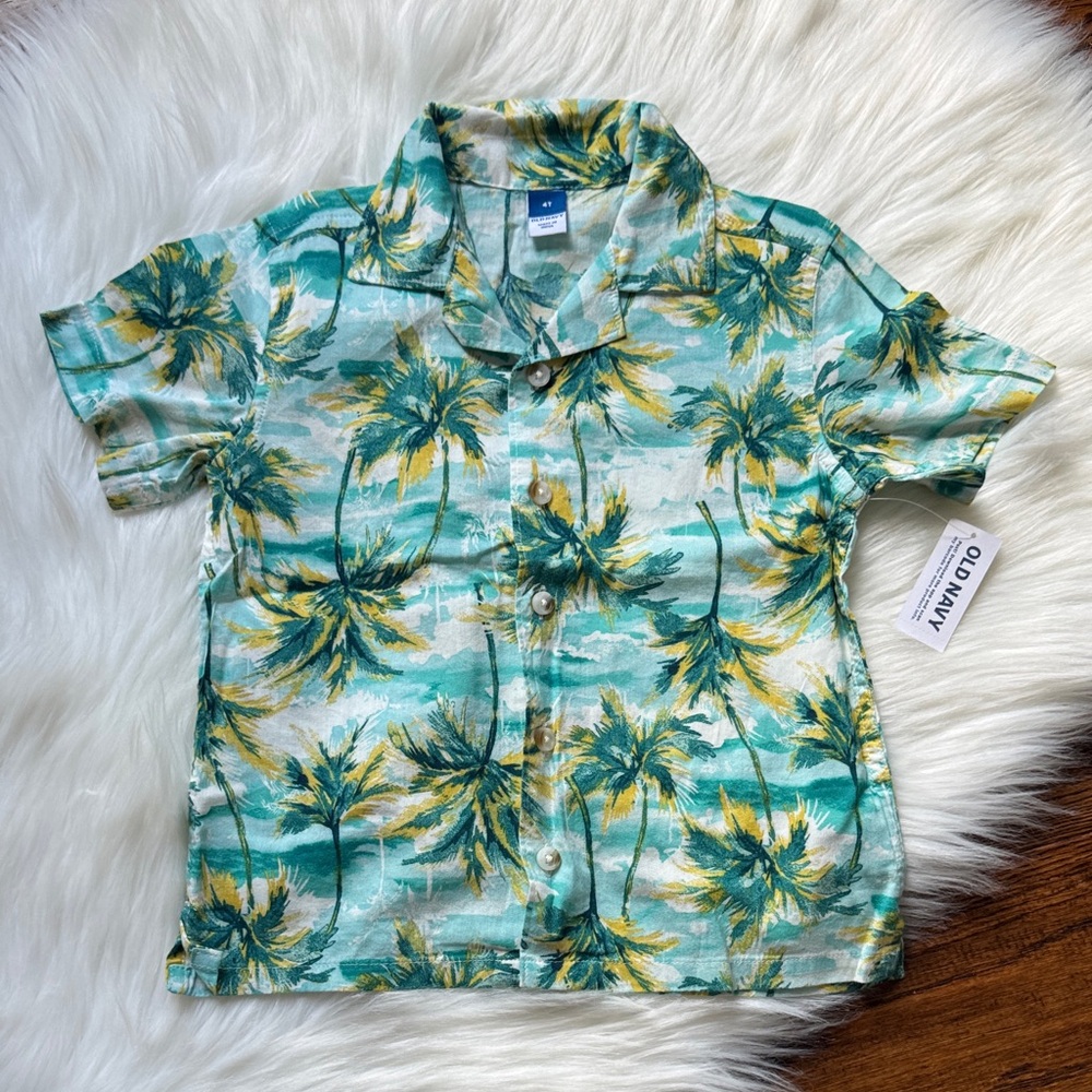 Old Navy Kids Palm Print Button Down Shirt - Green and Yellow